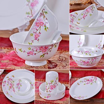 骨瓷餐具套裝碗碟盤小清新結婚喬遷送禮diy組合釉中粉彩水點桃花