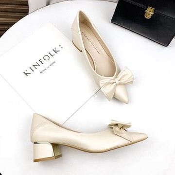 粗跟單鞋女2025春秋季新款法式簡約蝴蝶結氣質尖頭淺口舒適高跟鞋