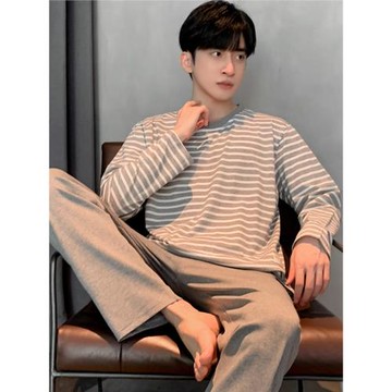睡衣男士純棉春秋季長袖簡約條紋套裝可外穿全棉秋冬家居服青少年