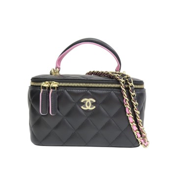 CHANEL 香奈兒 黑色 菱格紋 羊皮 Vanity Case 化妝 鍊帶 肩背包 AP2199 【二手名牌BRAND OFF】