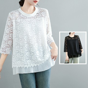 ＊ORead＊圓領蕾絲拼接壓褶工藝七分袖上衣(2色L~4XL)【限定加碼✿全館滿額再折】