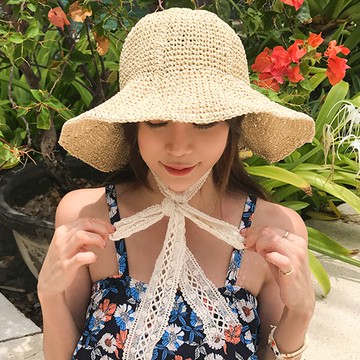 遮陽帽 【韓國進口‧正韓─夏款蕾絲綁帶紙藤編遮陽帽 帽子】現貨  53-56cm (內圍可調整)