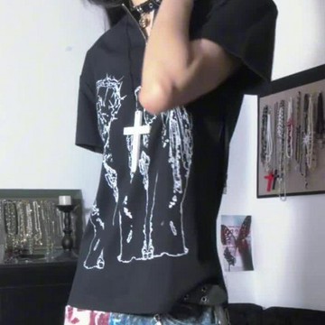 現款免運 最愛正肩!!!【印花拉鏈】街頭夏季y2k朋克短袖T恤寬鬆亞文化上衣 y2k 辣妹 甜酷 POUM@