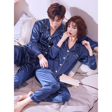情侶睡衣女春秋季仿真絲長袖韓版夏純色冰絲綢家居服開衫男士套裝