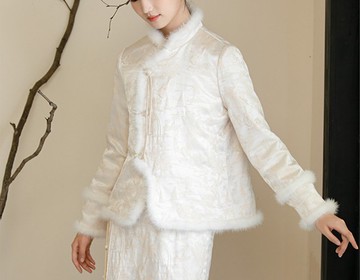 新中式 冬季夾棉雙色提花茶服外套/半裙