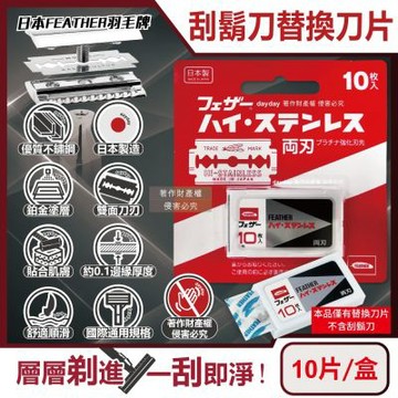 日本Feather羽毛牌-男士雙面鉑合金刮鬍刀替換刀片10片/盒FH-10B (本品不含刮鬍刀,臉部修容刀片,鬢角美型不鏽鋼剃刀,國際通用規格)