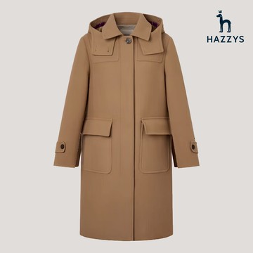 【HAZZYS】女款駝色溫暖高級羊毛混紡工裝風格修身設計長版大衣 YBWUD070