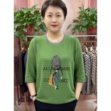 夏季中年媽媽寬松大碼女裝七分袖細條紋圓領T恤卡通圖案短款上衣