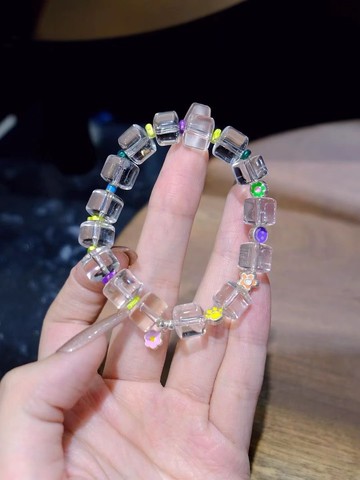 浮夢花天然10mm高透白水晶直切老型珠手鏈搭配瑪卡龍系列隔珠可愛