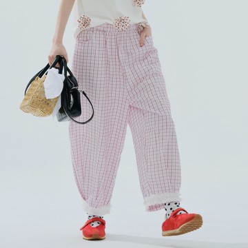 粉紅格紋花邊腳蘿蔔褲 / 休閒褲 褲子
