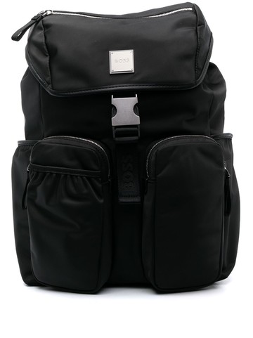 BOSS - logo-plaque flap-closure backpack - men - Fabric/Fabric/Calf Leather - One Size - Black