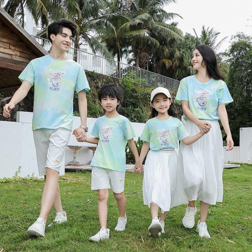 親子裝夏休閑裝新款扎染T恤一家三四口母子母女白色半身裙套裝