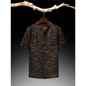 夏季香云紗印花男短袖薄款免燙桑蠶絲中式休閑襯衫中年爸爸裝上衣