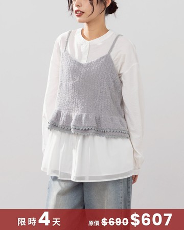 蕾絲下襬毛絨設計細肩罩衫背心-灰