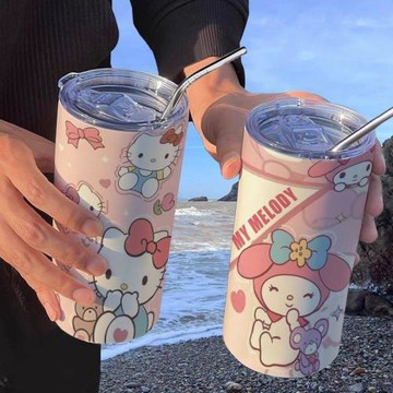 凱蒂貓美樂蒂保溫杯帶吸管隨手杯咖啡杯ins高顏值便攜學