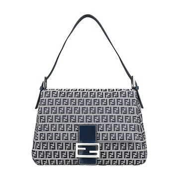 FENDI ZUCCHINO MAMMA銀字LOGO復古緹花帆布磁扣式肩背包(展示品/灰x丹寧藍)