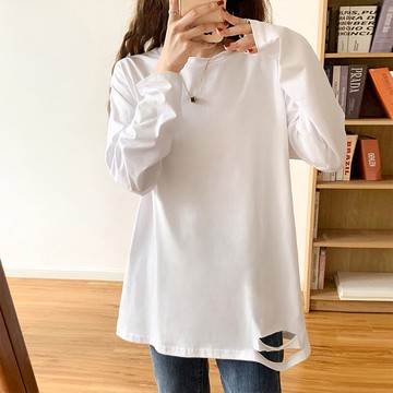白色破洞長袖T恤女裝上衣春秋季時髦洋氣內搭加絨時尚打底衫ins潮