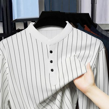 條紋長袖男士POLO衫春秋新款朱地立領T恤休閒商務體恤衫打底上衣TPOLO衫 無痕 工作服 運動長袖 長袖排汗衣