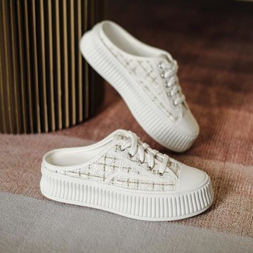 包頭半拖鞋女外穿2025年春季新款百搭厚底增高鞋帆布小白鞋小香風