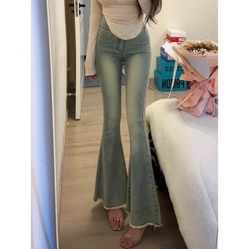 辣妹魚尾喇叭新款小個子高腰牛仔褲顯瘦彈力拖地長褲子微喇牛仔褲鑫弘-素時衣櫥