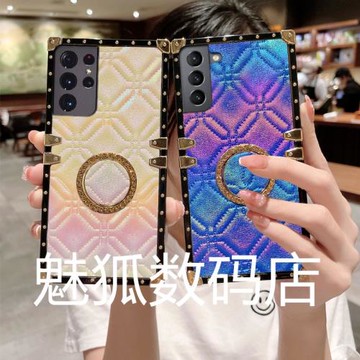 新款幻彩格紋適用于三星S21Ultra方形電鍍帶指環扣手機外殼S21FE全包四角加厚防摔S21保護套
