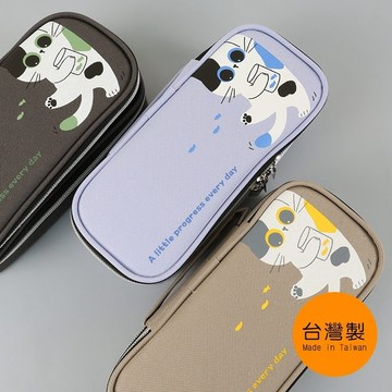 台灣製 珠友 PB-60677 雙層上翻筆袋-甜貓/手提鉛筆盒/雙向拉鍊包/大容量文具包/雙層文具盒/SGS檢驗合格
