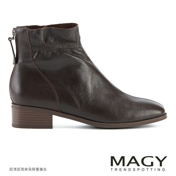 MAGY 腳後拉鍊羊皮素面低跟短靴  咖啡 #15900