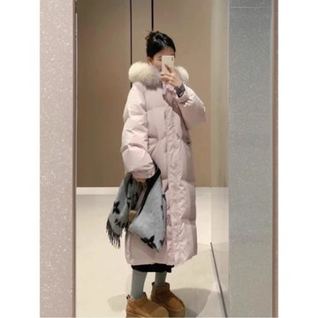 羽絨棉服女中長款2024年新款冬季加厚大毛領過膝寬松面包服棉衣潮