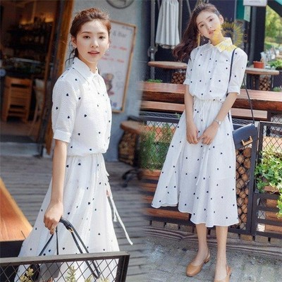 Heart 夏 白ワンピース 韓国ファション 袖デザイン 半袖 襟付き スプライス ハート柄 おしゃれワンピース 膝丈 韓国ワンピース 通販 Lineポイント最大get Lineショッピング