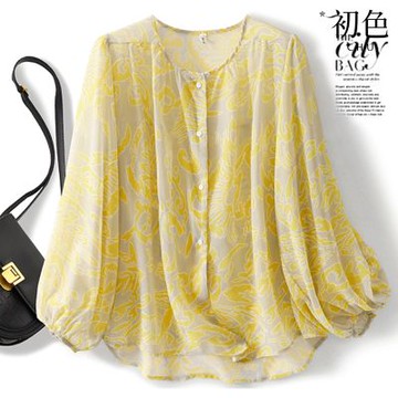 初色 法式純色碎花圓領單排釦燈籠袖長袖襯衫上衣女上衣-共2色-14273(M-2XL可選)