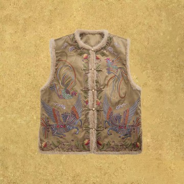 【江雪】 新中式復古/桑蠶絲香云紗水貂毛重工刺繡花咖色馬甲