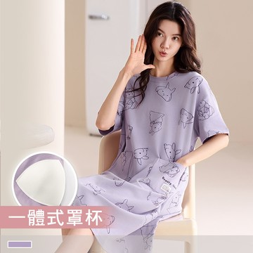 純棉連身睡裙【罩杯式】邦尼樂園 印花圓領外穿短袖睡衣 居家服 55109