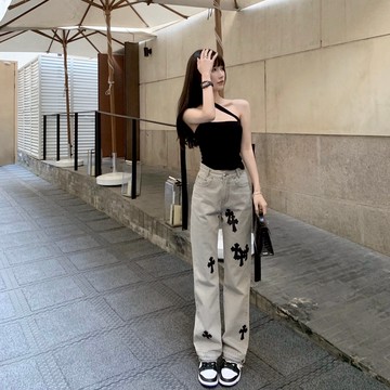 新款白灰色十字架顯瘦直筒寬松褲子高腰闊腿夏百搭牛仔褲長褲