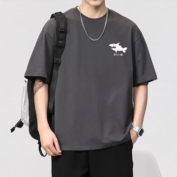 巨百搭~鯊魚印花重磅短袖100%純棉t恤美式復古上衣夏天衣服流行t恤潮牌短tee寬鬆加大碼上衣oversiz 潮男穿搭