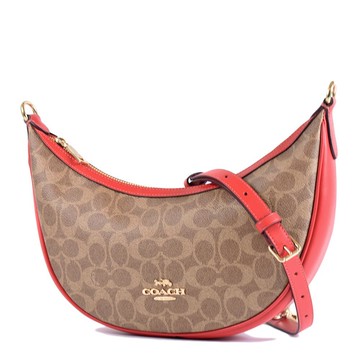 COACH Aria 緹花LOGO防刮皮革肩背斜背二用包-棕褐紅