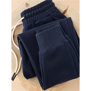 秋冬重磅純棉藏青色加絨衛褲男士加厚藍色寬松束腳褲休閑運動長褲