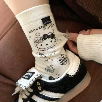 🍂秋冬上新 韓系棉襪 可愛保暖襪 日系長襪 秋冬季韓版百搭甜美可愛卡通凱蒂貓網紅圖案長筒舒適學生長襪高筒