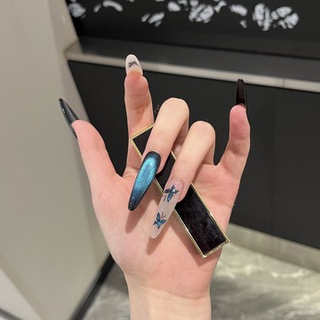 💕加一出品💕【藍幻蝶】玻璃珠貓眼穿戴甲 蝴蝶穿戴甲 純欲穿戴甲 長款美甲 純色穿戴甲 細狗長尖穿戴甲 長橢圓穿戴甲