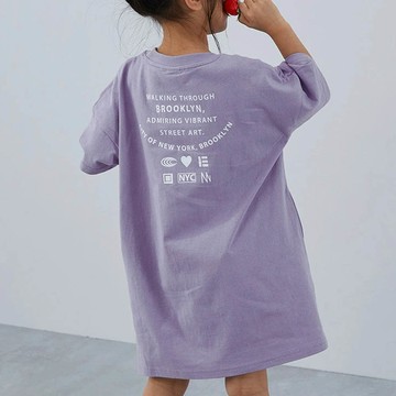 日本 devirock - 100%棉 女孩印花短袖洋裝-小字標語-灰紫