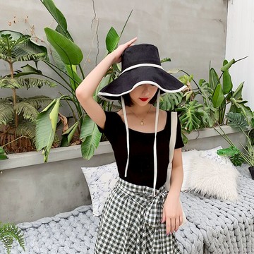日本防曬黑色漁夫帽女夏大帽檐太陽帽子韓版遮陽防曬休閑包邊盆帽1入