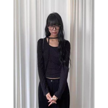 Exclusive type 24秋季繞脖綁帶波點圓領長袖修身顯瘦純欲風T恤衫