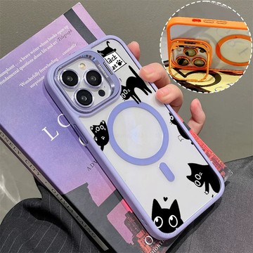 黑貓合集 磁吸手機殼 金屬鏡頭支架 保護殼 適用於iPhone 17 16 15 14 13 12 11 Max防摔殼