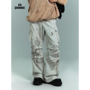 YUKAHOUSE 米白色臟洗褶皺牛仔褲高街多口袋闊腿長褲休閑褲春夏款