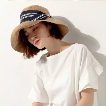 可折疊法式蝴蝶結復古草帽子女夏季度假沙灘帽大檐遮陽帽條紋織帶1入
