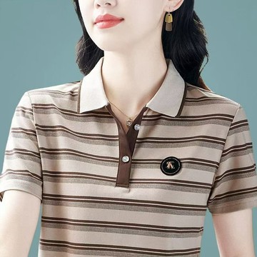 速賣 條紋夏季2025款簡約潮流時尚翻領減齡百搭短袖女 夏季女裝 大尺碼POLO衫 條紋翻領上衣 條紋POLO衫