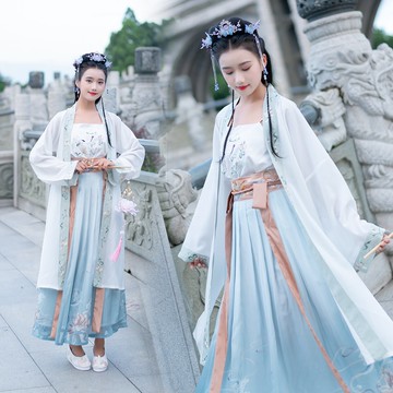 秋季原創中國風復古印花刺繡漢服女裝對襟襦裙日常連衣裙套裝1入