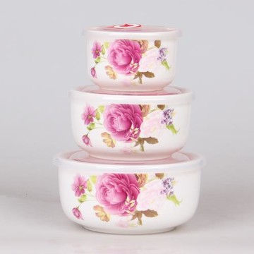 米奇力夫微波爐密封帶蓋陶瓷保鮮碗三件套家用保溫盒大號泡面湯碗