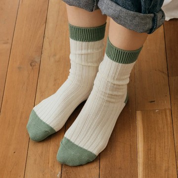 韓國連線 - 韓製彈力好穿配色中筒襪-米X綠 (Free[230~260mm])-1雙