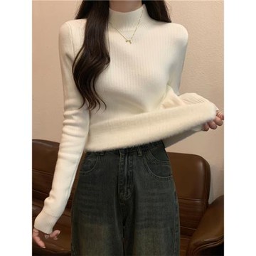 加絨打底衫女冬季2025新款白色內搭加厚半高領水貂一體絨針織毛衣