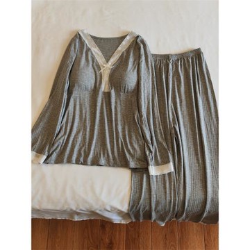 2023年新款莫代爾長袖長褲睡衣女秋冬季帶胸墊性感純棉V領家居服